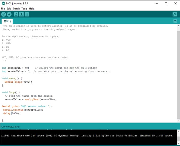 MQ-3 alcohol sensor arduino code